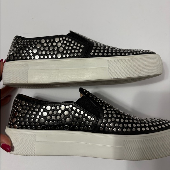 Vince Camuto Black Leather Silver Studded Slip-On Sneakers, Shoes w Rubber Sole - Picture 4 of 12